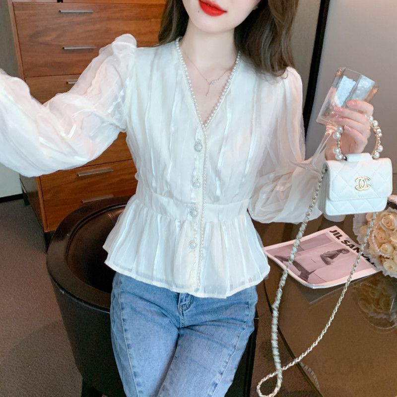 레이스 V넥 쉬폰 블라우스 여성용 가을 스타일리시한 세련된 탑 데일리룩 우아한 디자인 외출용 레이어드 캐주얼 착용감 - 상세 이미지 4