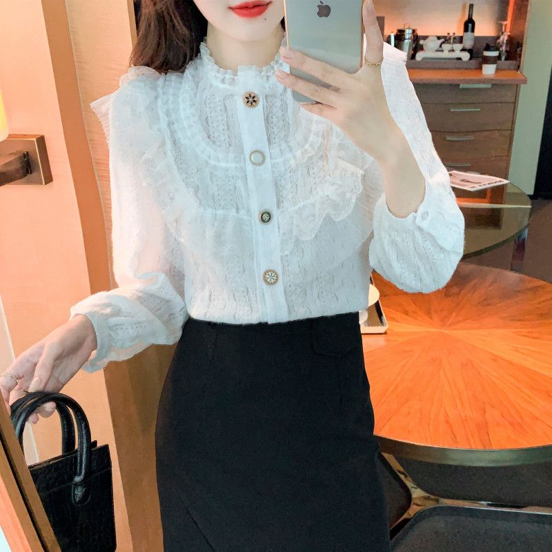 여성 쉬폰블라우스 레이스 디자인 긴팔 시스루 스타일 우아한 가을용 상의 데일리 레이어드 활용도 높은 매치 쉬운 착용감 - 상세 이미지 5