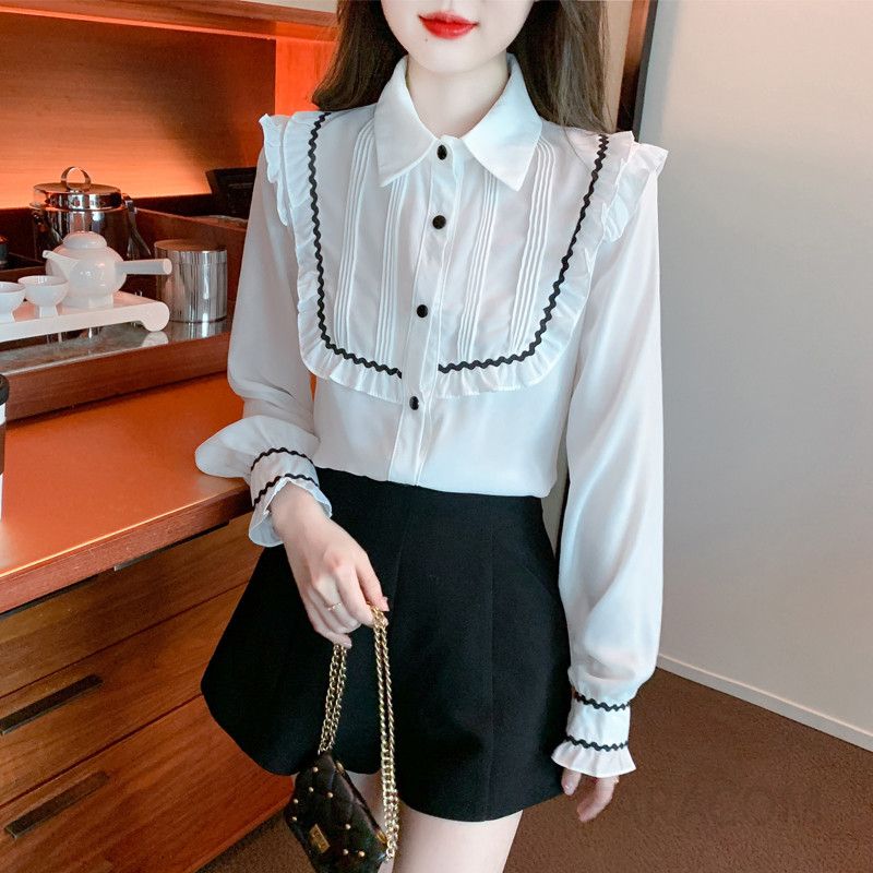 여성 쉬폰 블라우스 러플 디자인 고급스러운 스타일 봄 가을 데일리 우아한 착용감 캐주얼한 셔츠 - 상품 이미지