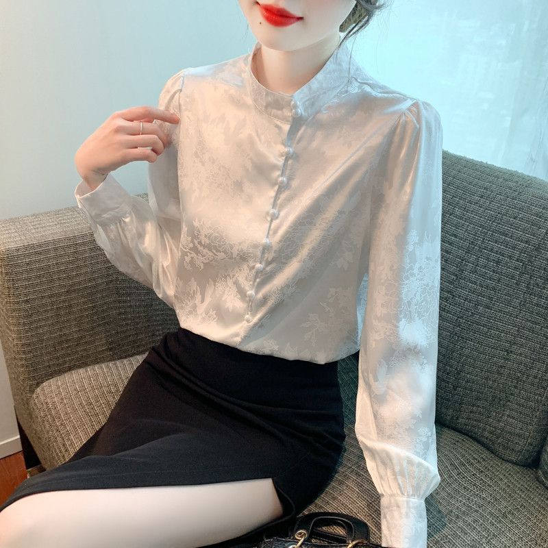 여성 가을 레트로 스탠드 칼라 긴팔 블라우스 루즈핏 캐주얼 스타일 통근용 데일리 셔츠 고급스러운 디자인 편안한 착용감 - 상세 이미지 3