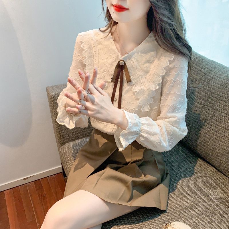 레이스 리본 칼라 쉬폰 블라우스 여성용 가을 데일리 긴팔 셔츠 스타일리시한 빈티지 감성의 편안한 착용감 데이트룩 하객룩 추천 - 상세 이미지 2