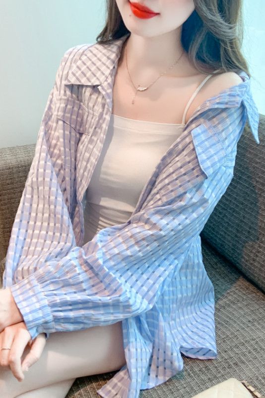 여성 가을 긴팔 체크 셔츠 루즈핏 캐주얼 스타일 UV 차단 면 남방 데일리 패션 외출용 편안한 착용감 트렌디한 디자인 - 상세 이미지 5