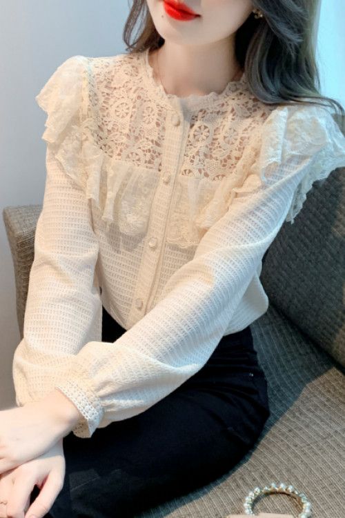 레이스 긴팔 셔츠 여성 가을 페어리 스타일 루즈핏 상의 빈티지 감성 데일리 캐주얼 착용감 편안한 외출용 블라우스 - 상세 이미지 5