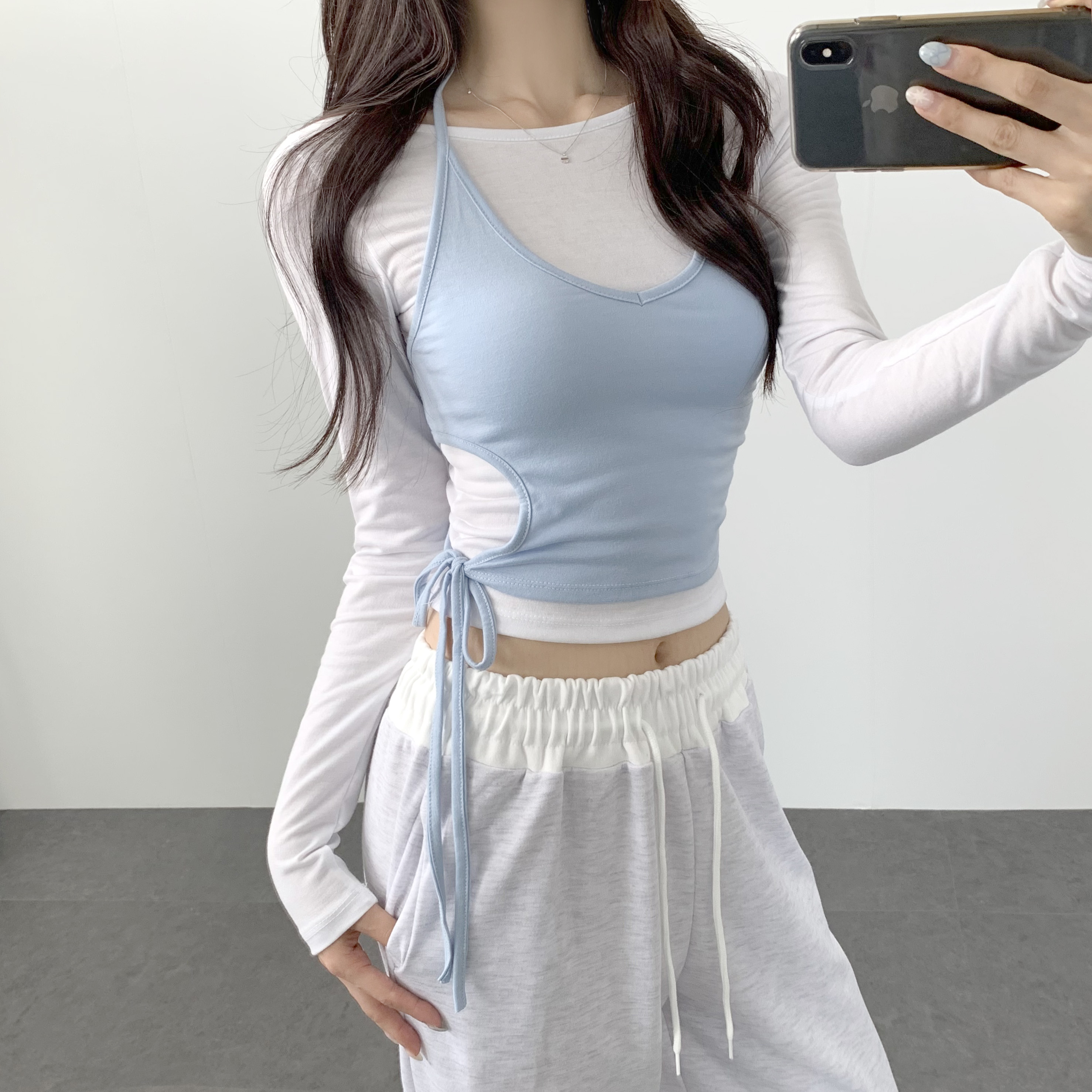 여성 홀터넥 티셔츠 탱크탑 레이어드나시 - 상세 이미지 4