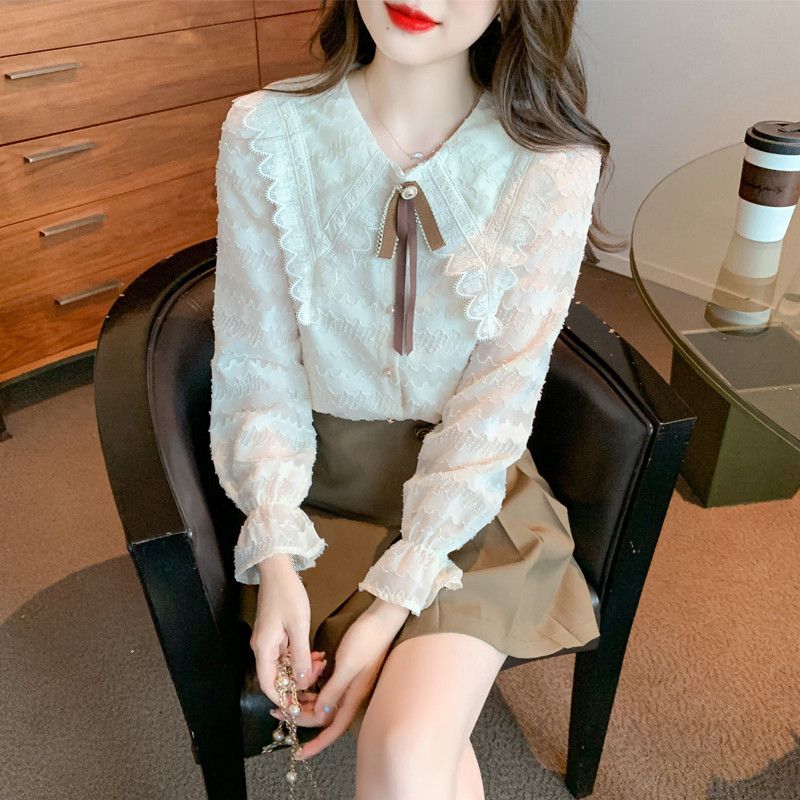 레이스 리본 칼라 쉬폰 블라우스 여성용 가을 데일리 긴팔 셔츠 스타일리시한 빈티지 감성의 편안한 착용감 데이트룩 하객룩 추천 - 상세 이미지 4