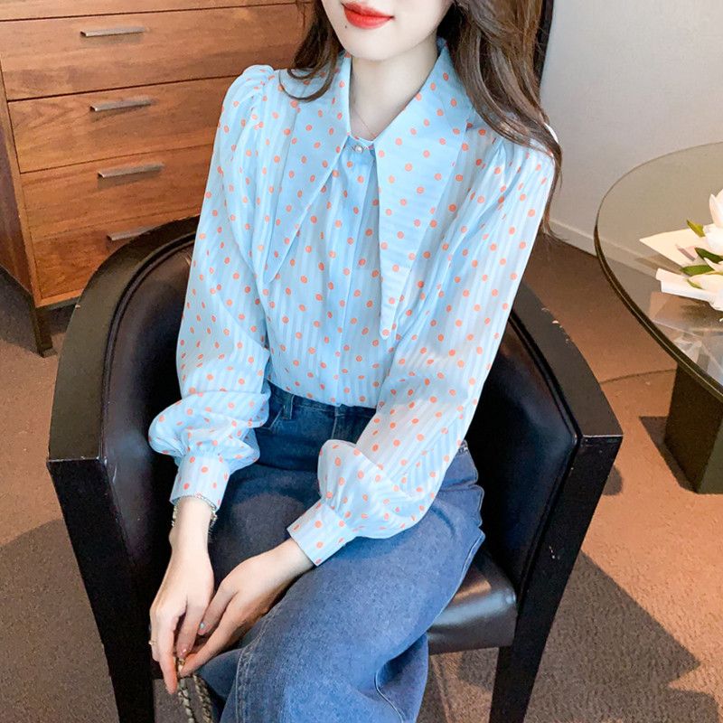 쉬폰 도트 패턴 블라우스 여성 봄 가을 긴팔 세련된 라운드넥 스타일 캐주얼 데일리 착용감 좋은 유행 포인트룩 - 상품 이미지