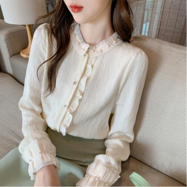 가을 여성 라운드넥 러플 블라우스 루즈핏 진주 디테일 고급스러운 스타일 데일리 캐주얼 셔츠 - 상품 이미지
