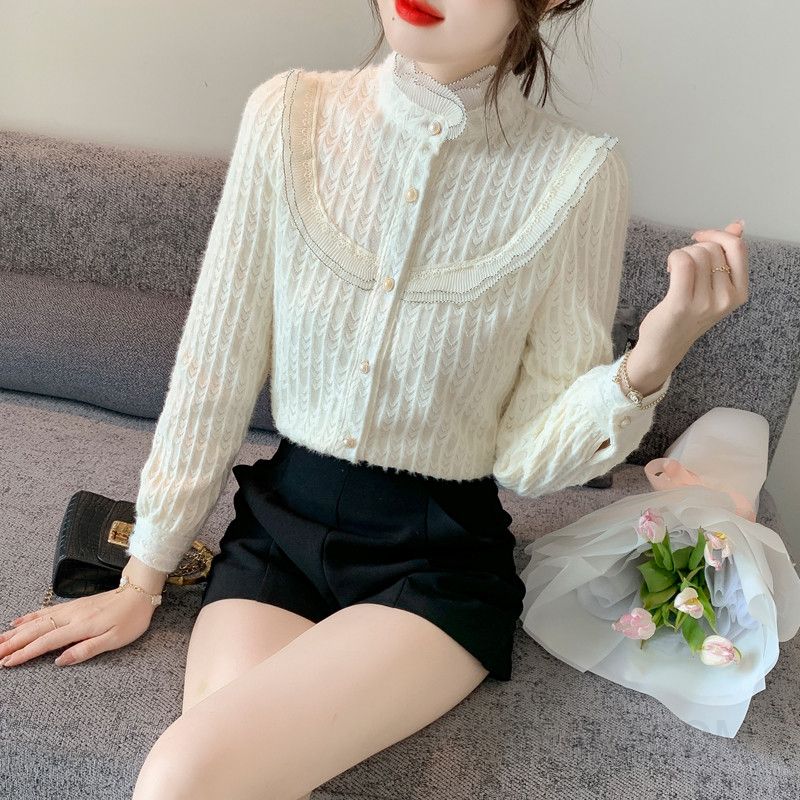 여성 레이스 하이넥 블라우스 가을 패셔너블 긴팔 이너 셔츠 스타일리시한 데일리룩 우아한 디자인 캐주얼한 착용감 매력적인 외출용 - 상세 이미지 2