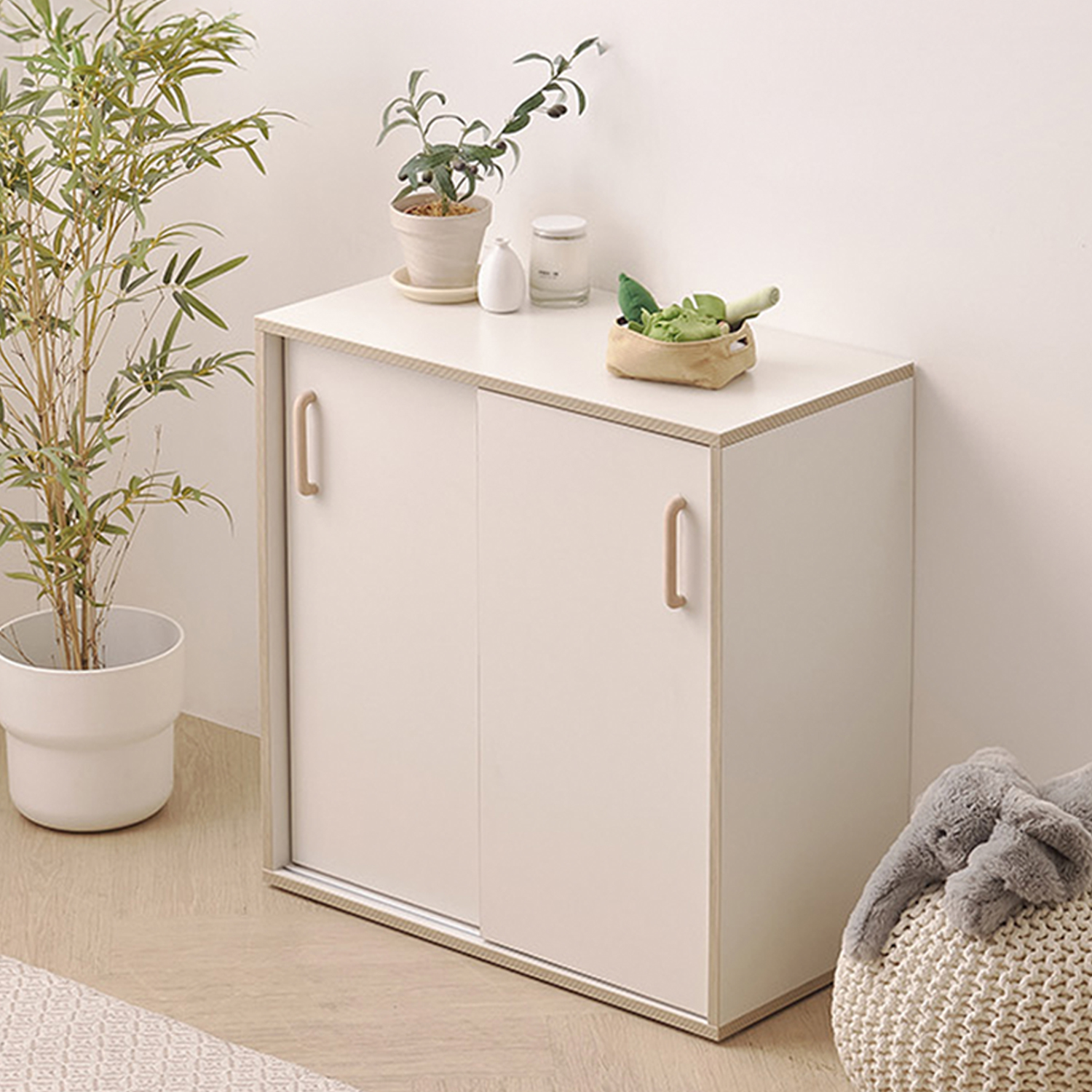 슬라이딩 수납장 원목 수납장 베란다 맘마존 800x400x800mm, 2단, 크림화이트