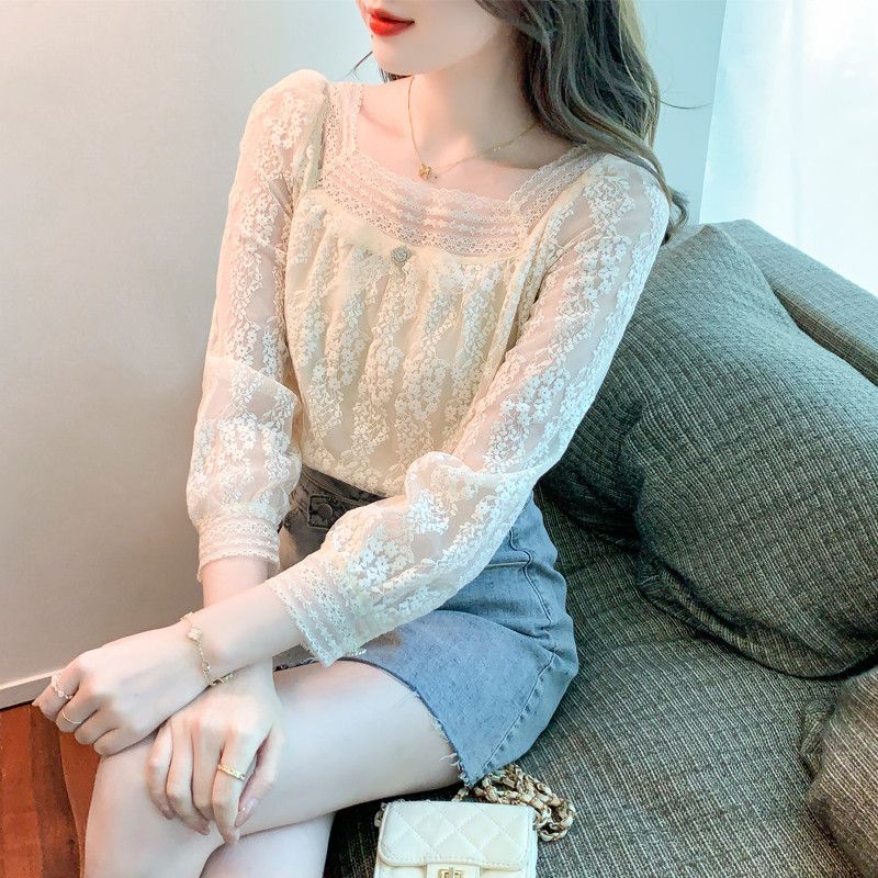 여성 레이스 스퀘어 칼라 긴팔 블라우스 가을용 우아한 디자인 데일리룩 스타일 매치 쉬운 캐주얼 착용감 좋은 여성의류 - 상품 이미지