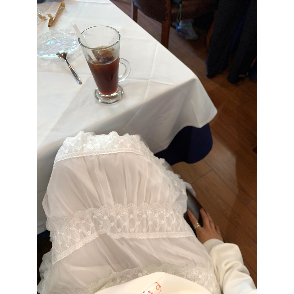 쉬폰 레이스패치워크 밴딩롱스커트 캉캉 청순 예쁜 디자인 고급소재 화이트 - 상세 이미지 5