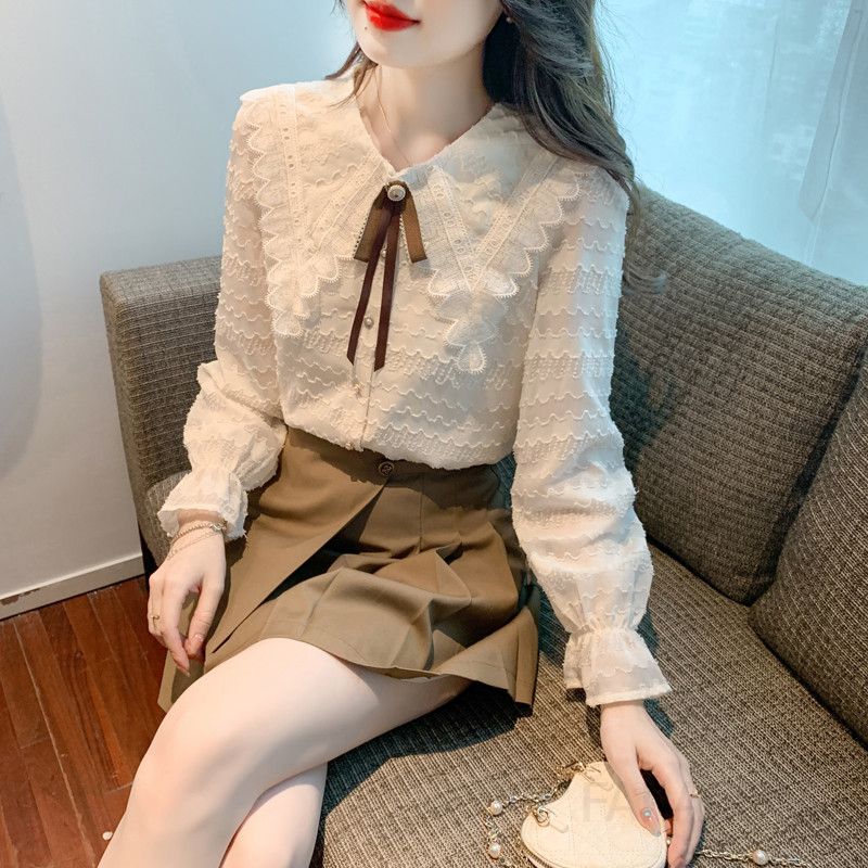 레이스 리본 칼라 쉬폰 블라우스 여성용 가을 데일리 긴팔 셔츠 스타일리시한 빈티지 감성의 편안한 착용감 데이트룩 하객룩 추천 - 상품 이미지