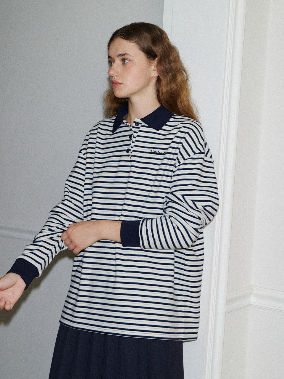 스트라이프 배색 카라 티셔츠 (3C) (Ivory) - 상세 이미지 3