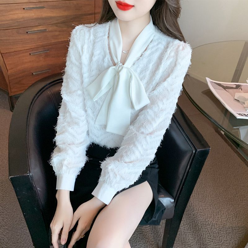 레이스 리본 긴팔 쉬폰 셔츠 여성 가을 우아한 스타일 데일리 블라우스 레이어드 가능 편안한 착용감 매력적인 디자인 - 상품 이미지