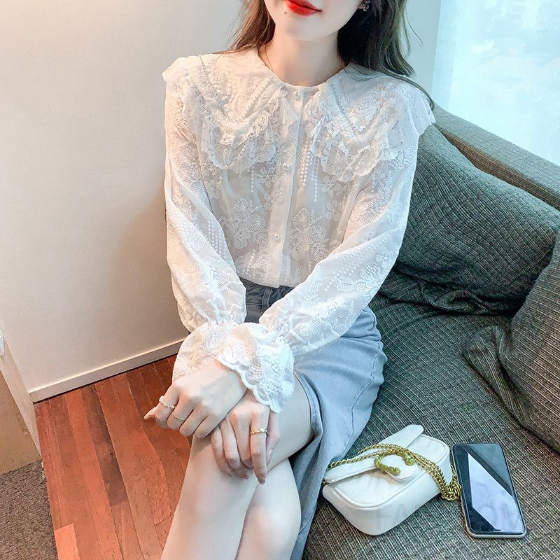 여성 레이스 셔츠 가을 긴팔 우아한 스타일 블라우스 레이어드용 시스루 이너로 적합한 캐주얼한 매력 - 상세 이미지 4