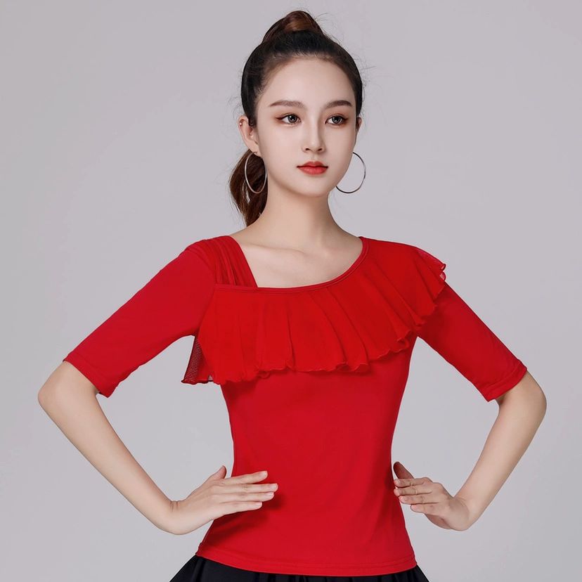 여성 스포츠 댄스상의 방송 모던 라인 라틴 댄스복 줌바 블랙 로터스 칼라 탑 S - 상품 이미지