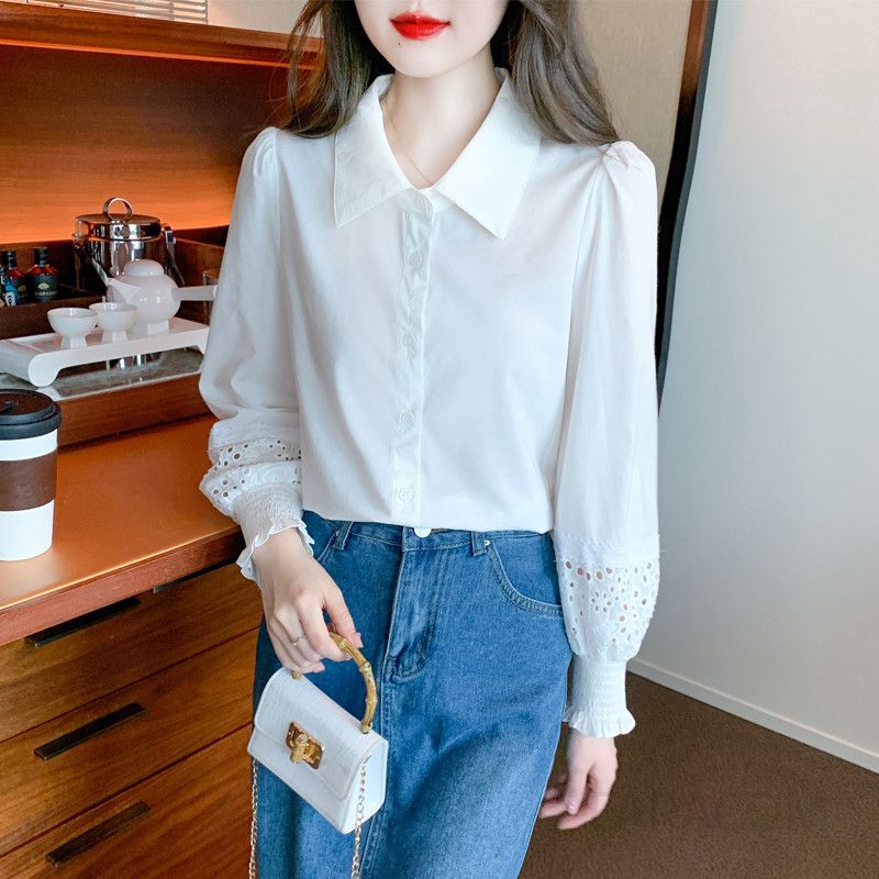화이트 레이스 쉬폰 여성 블라우스 봄여름 심플한 스타일리시 캐주얼 셔츠 랜턴슬리브 데일리 룩 시원한 착용감 패션 탑 - 상품 이미지