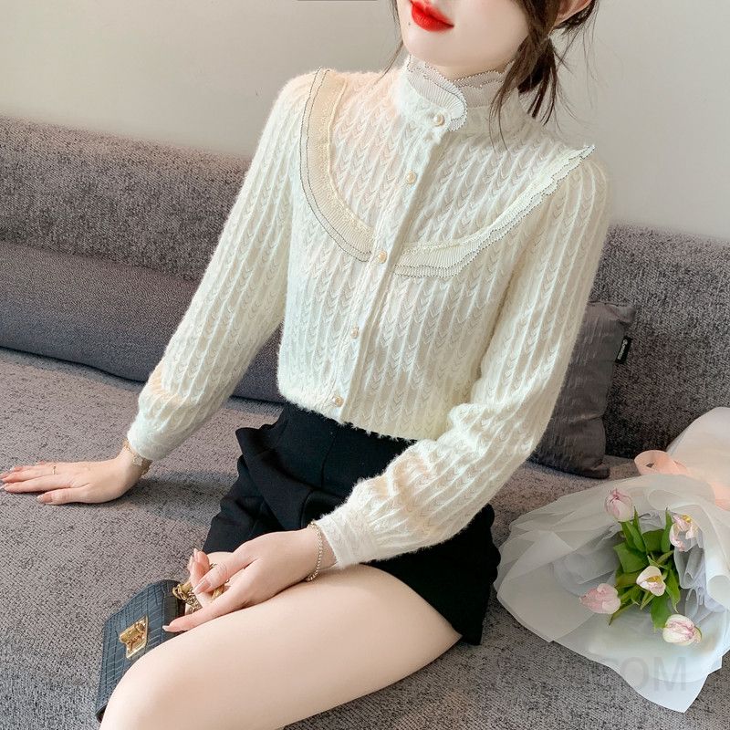여성 레이스 하이넥 블라우스 가을 패셔너블 긴팔 이너 셔츠 스타일리시한 데일리룩 우아한 디자인 캐주얼한 착용감 매력적인 외출용 - 상세 이미지 4