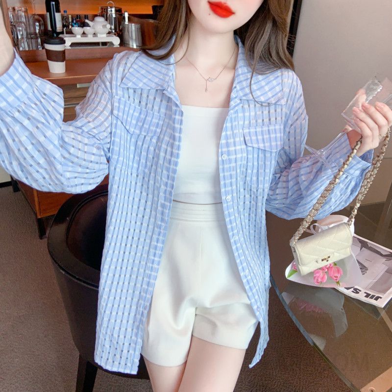 여성 가을 긴팔 체크 셔츠 루즈핏 캐주얼 스타일 UV 차단 면 남방 데일리 패션 외출용 편안한 착용감 트렌디한 디자인 - 상세 이미지 3