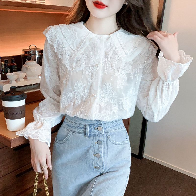 여성 레이스 셔츠 가을 긴팔 우아한 스타일 블라우스 레이어드용 시스루 이너로 적합한 캐주얼한 매력 - 상세 이미지 2