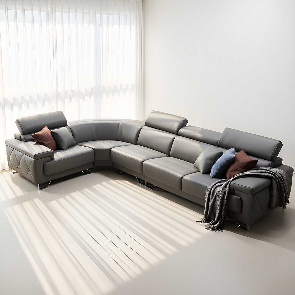 스코나 토피카 나파 가죽 헤드틸팅 코너형 소파 카우치 스툴미포함, 머드그레이, 6인용