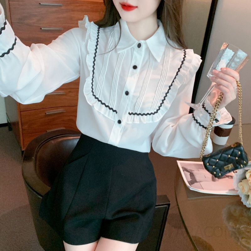 여성 쉬폰 블라우스 러플 디자인 고급스러운 스타일 봄 가을 데일리 우아한 착용감 캐주얼한 셔츠 - 상세 이미지 4