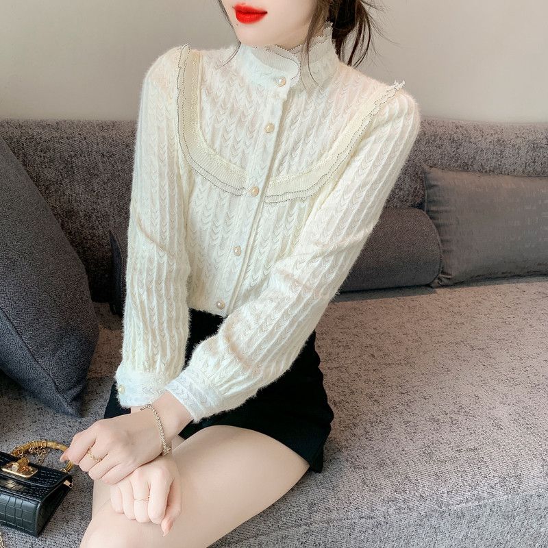 여성 레이스 하이넥 블라우스 가을 패셔너블 긴팔 이너 셔츠 스타일리시한 데일리룩 우아한 디자인 캐주얼한 착용감 매력적인 외출용 - 상품 이미지