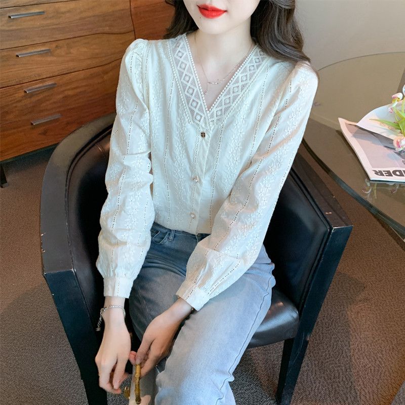 브이넥 프렌치 레이스 긴팔 블라우스 여성 봄 가을 데일리 우아한 자수 디자인 상의 시스루 스타일 - 상품 이미지