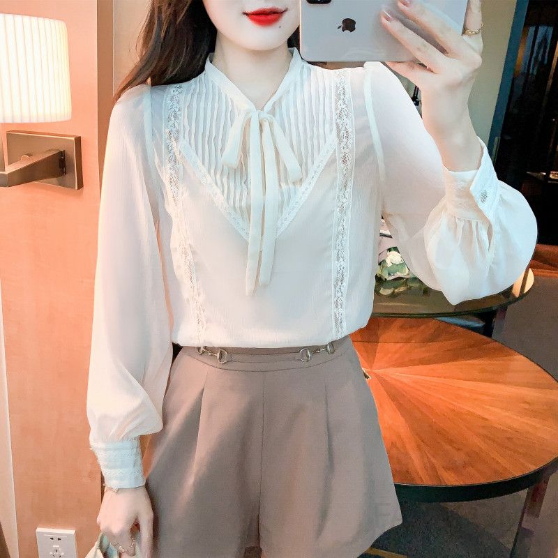 여성 리본 레이스 셔츠 디자인 니치 스타일 긴팔 블라우스 우아한 가을용 데일리룩 시스루 캐주얼 착용감 외출용 - 상세 이미지 4