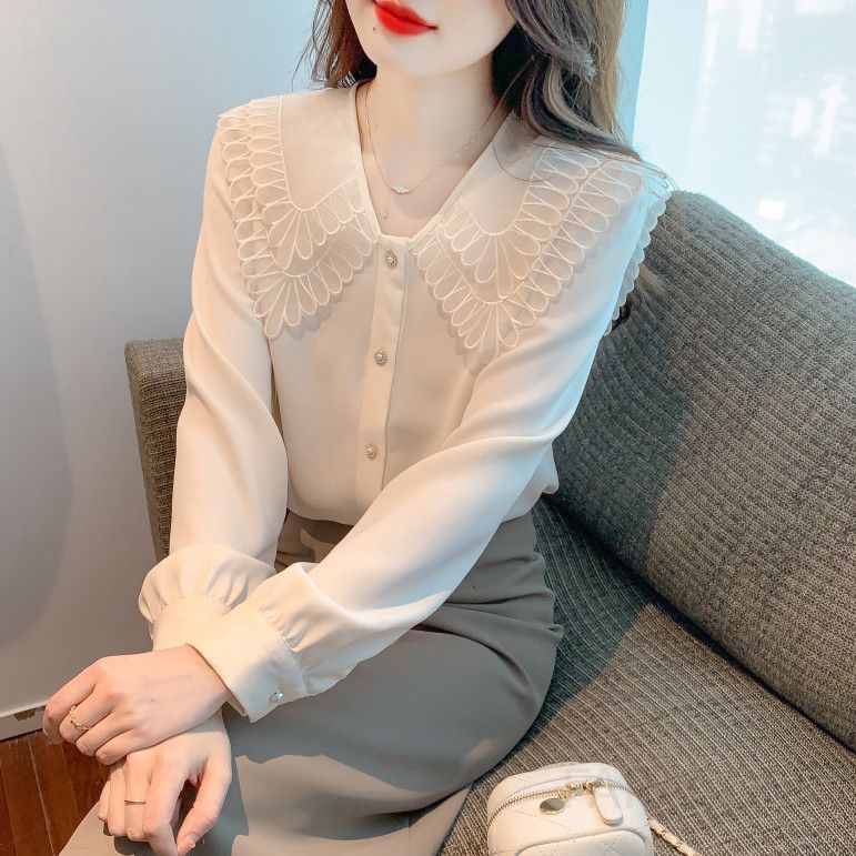 여성 가을 쉬폰 블라우스 긴팔 셔츠 스타일리시한 루즈핏 데일리 유행 프릴 디자인 빈티지 감성 코디너리 스타일링 쉬운 편안한 착용감 - 상세 이미지 3