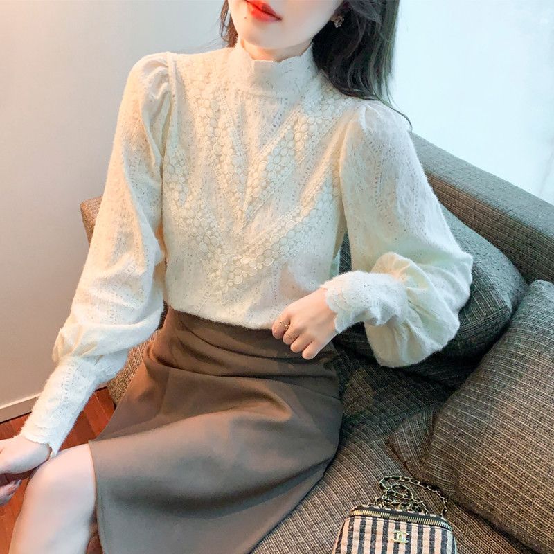 레이스 하프넥 블라우스 여성 긴팔 가을 스타일리시한 프랑스 무드 빈티지 루즈핏 캐주얼 셔츠 오피스룩 하객룩 데일리룩 - 상품 이미지