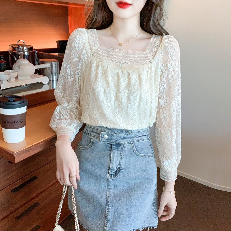 여성 레이스 스퀘어 칼라 긴팔 블라우스 가을용 우아한 디자인 데일리룩 스타일 매치 쉬운 캐주얼 착용감 좋은 여성의류 - 상세 이미지 2