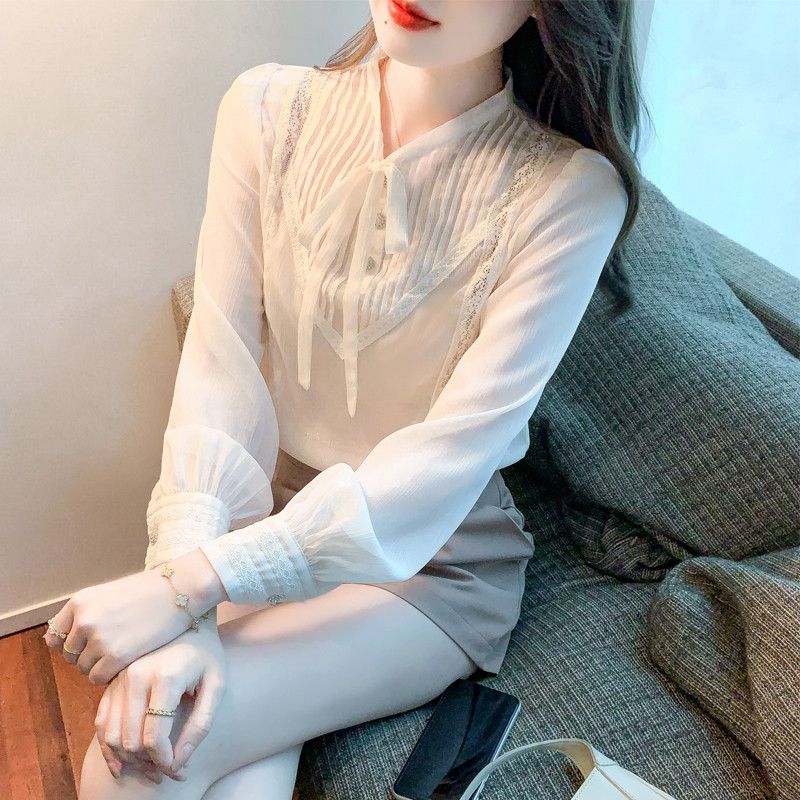 여성 리본 레이스 셔츠 디자인 니치 스타일 긴팔 블라우스 우아한 가을용 데일리룩 시스루 캐주얼 착용감 외출용 - 상품 이미지