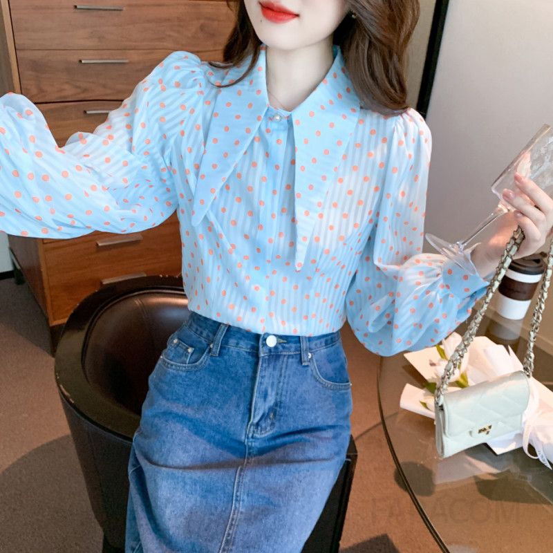 쉬폰 도트 패턴 블라우스 여성 봄 가을 긴팔 세련된 라운드넥 스타일 캐주얼 데일리 착용감 좋은 유행 포인트룩 - 상세 이미지 2