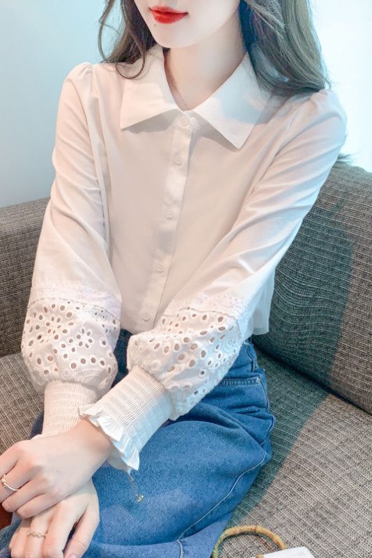 화이트 레이스 쉬폰 여성 블라우스 봄여름 심플한 스타일리시 캐주얼 셔츠 랜턴슬리브 데일리 룩 시원한 착용감 패션 탑 - 상세 이미지 5