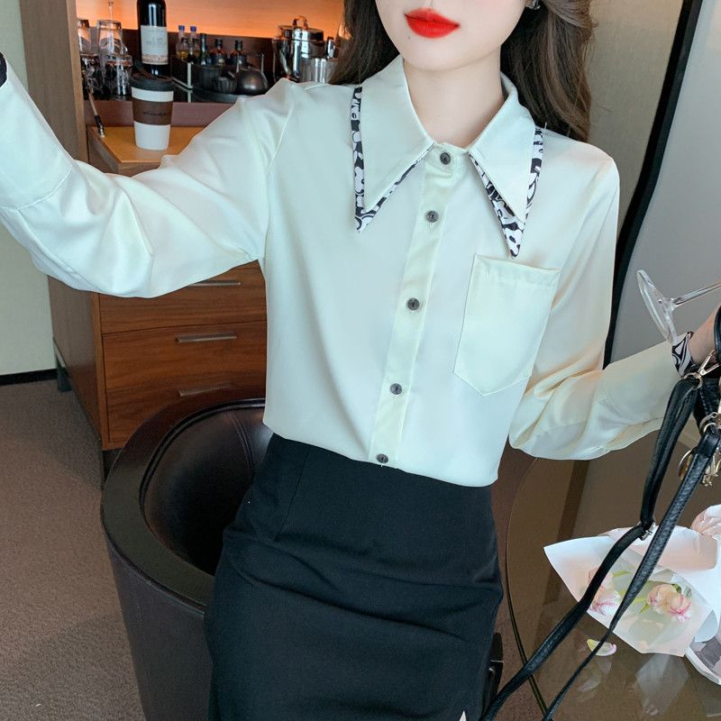 여성용 레트로 프린트 새틴 긴팔블라우스 가을 패션 쉬폰 소재 루즈핏 스타일링 데일리 캐주얼룩 대비색 디자인 고급스러운 착용감 - 상세 이미지 5