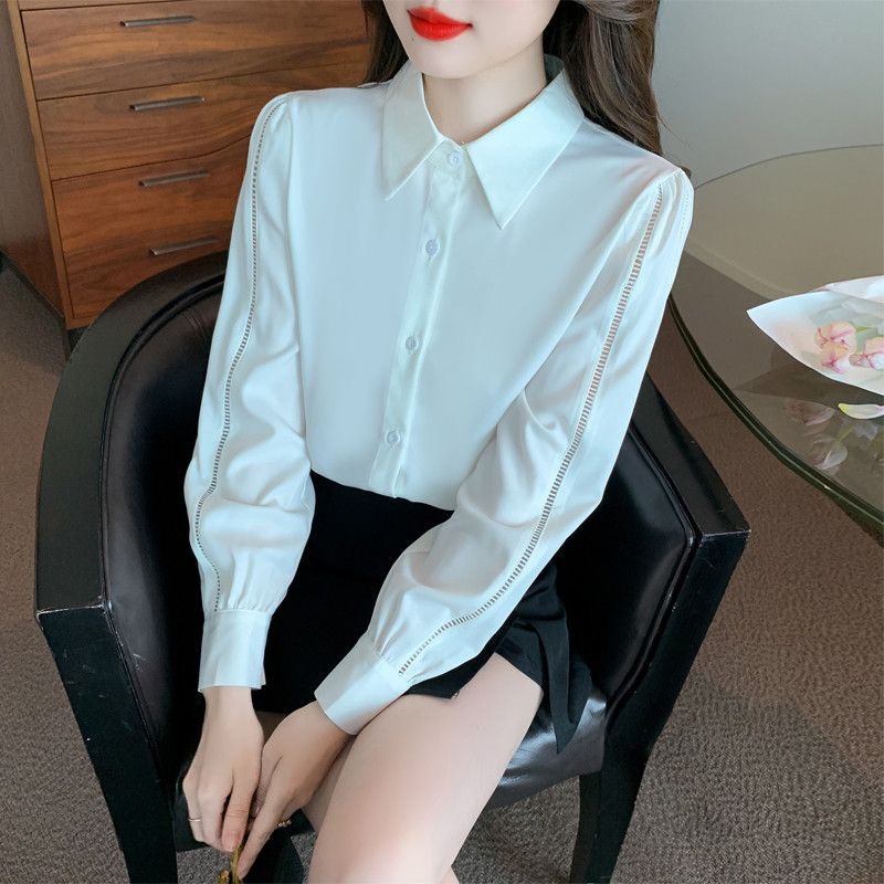 화이트 새틴 쉬폰 셔츠 여름 라운드넥 긴팔 블라우스 여성용 고급스러운 데일리 통근용 스타일 가을 패션 루즈핏 편안한 착용감 - 상품 이미지