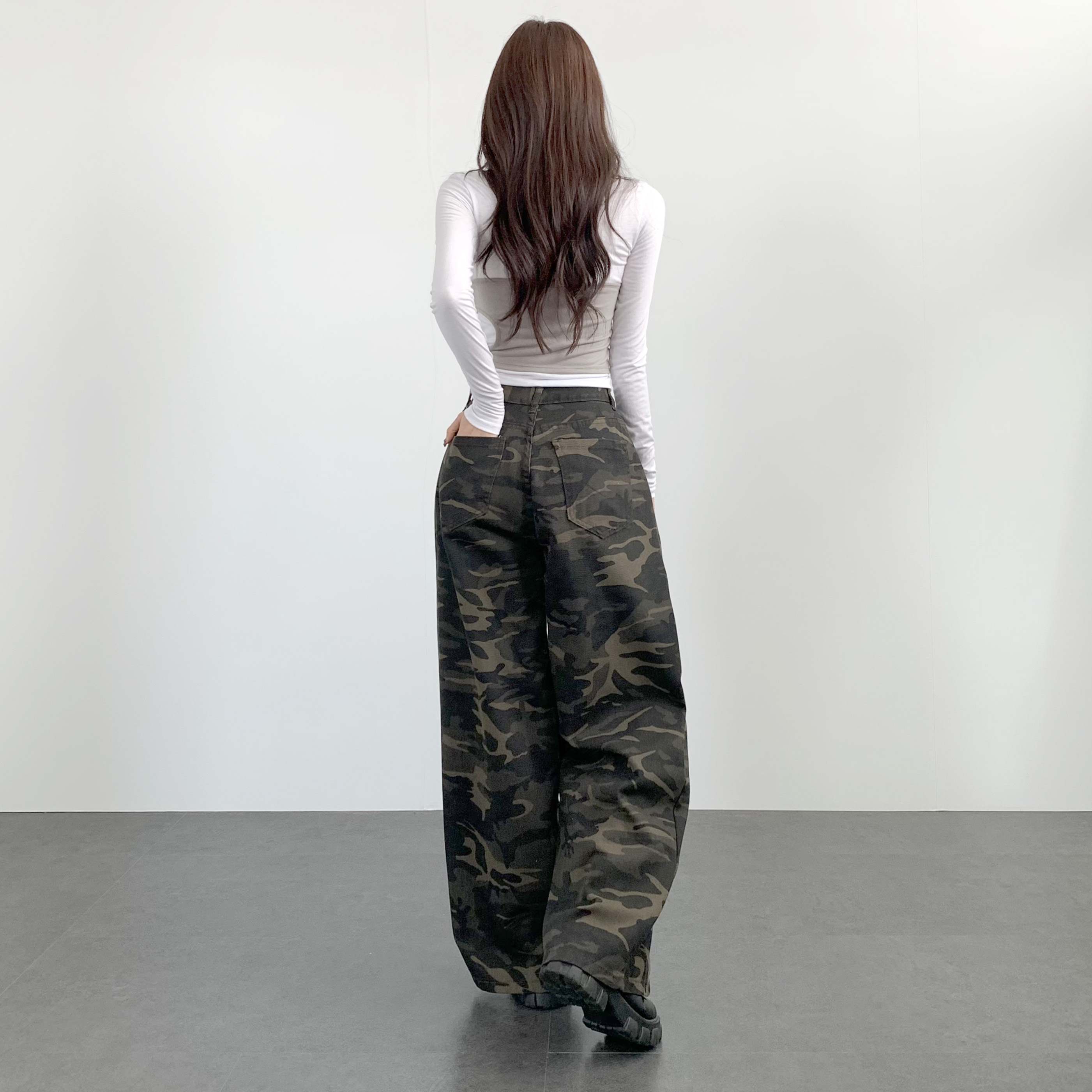 카모 바지 파라슈트 밀리터리 핀턱 와이드 팬츠 - 상세 이미지 4