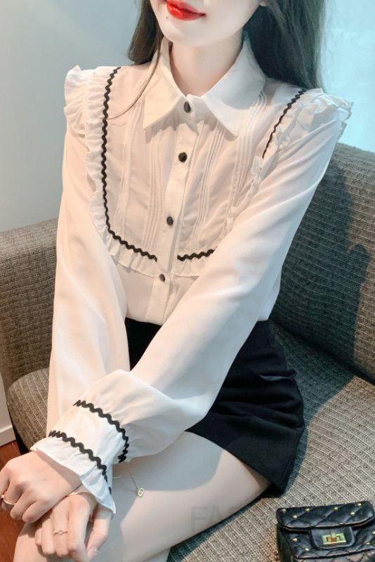 여성 쉬폰 블라우스 러플 디자인 고급스러운 스타일 봄 가을 데일리 우아한 착용감 캐주얼한 셔츠 - 상세 이미지 5