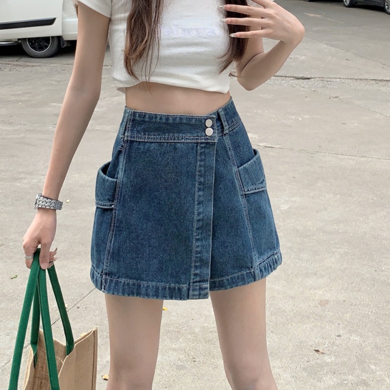 청치마반바지 빅사이즈 여성 데님 치마바지 캐주얼 A라인 스커트 블루 S - 상품 이미지