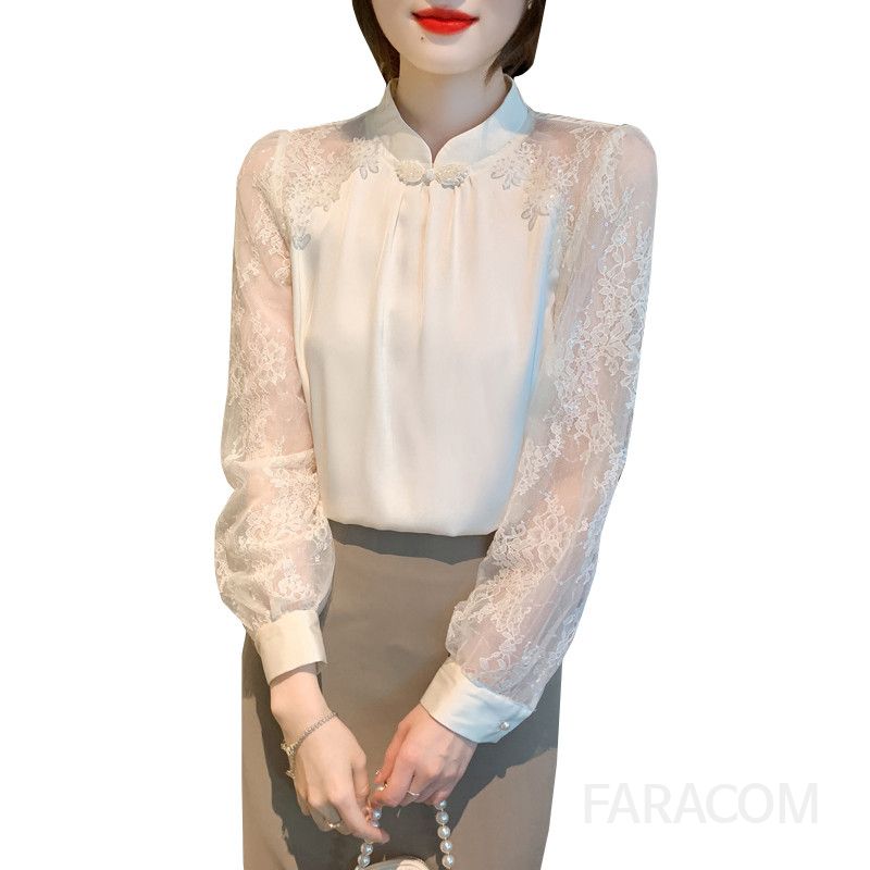 레이스 스플라이싱 아세테이트 새틴 여성 블라우스 여름용 시원한 착용감 쉬폰 스타일 셔츠 캐주얼 여성용 탑 모던한 디자인 데일리룩 - 상세 이미지 5