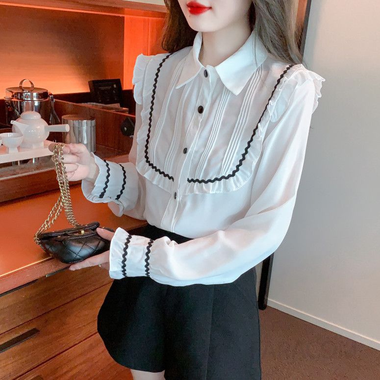 여성 쉬폰 블라우스 러플 디자인 고급스러운 스타일 봄 가을 데일리 우아한 착용감 캐주얼한 셔츠 - 상세 이미지 2