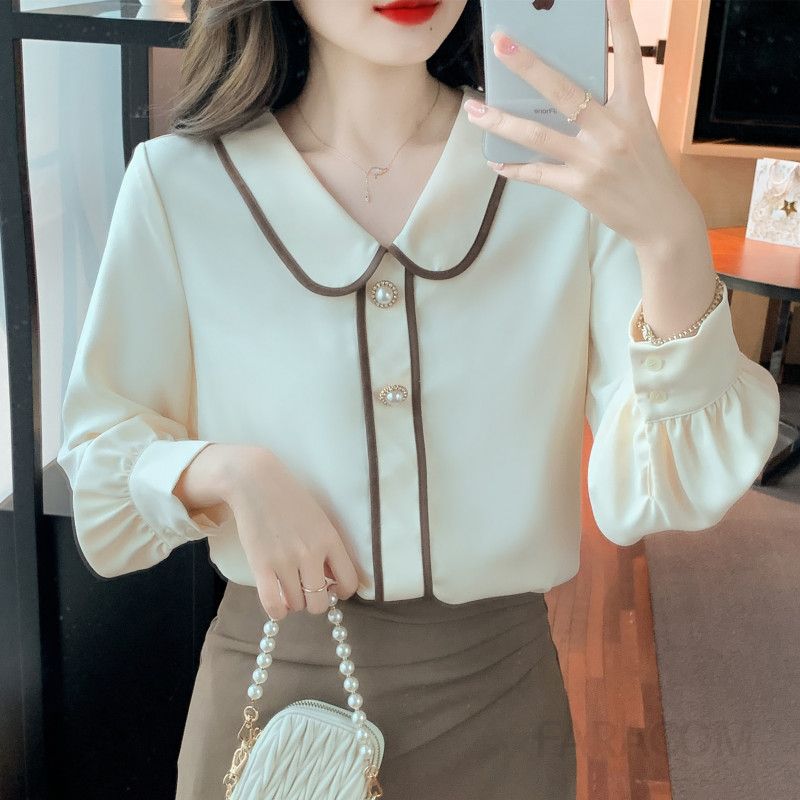 여성 쉬폰 블라우스 가을용 긴팔 프렌치 스타일 인형 칼라 솔리드 컬러 데일리 셔츠 고급스러운 통근용 모던한 디자인 편안한 착용감 - 상세 이미지 5