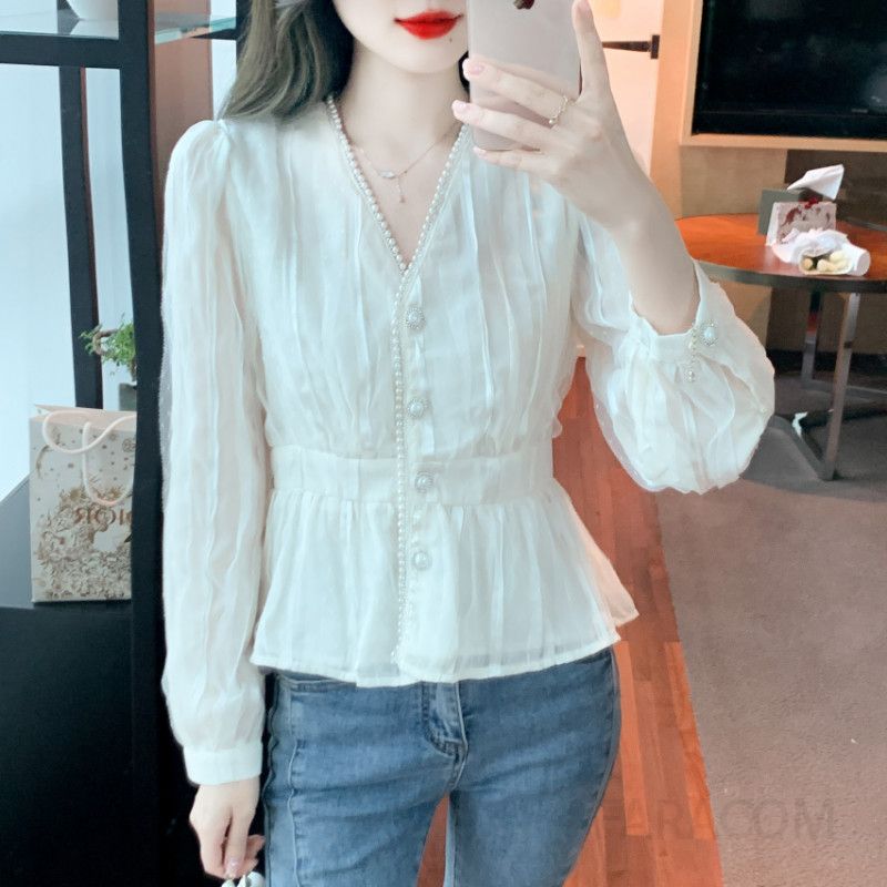 레이스 V넥 쉬폰 블라우스 여성용 가을 스타일리시한 세련된 탑 데일리룩 우아한 디자인 외출용 레이어드 캐주얼 착용감 - 상세 이미지 5