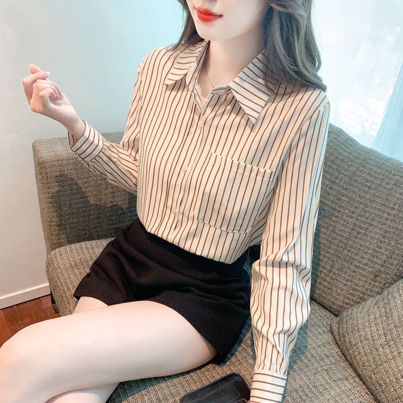 여성 가을 스트라이프 쉬폰 셔츠 블라우스 루즈핏 긴팔 스타일리쉬한 데일리 패션 고급스러운 모던한 디자인 편안한 착용감 외출용 - 상세 이미지 4