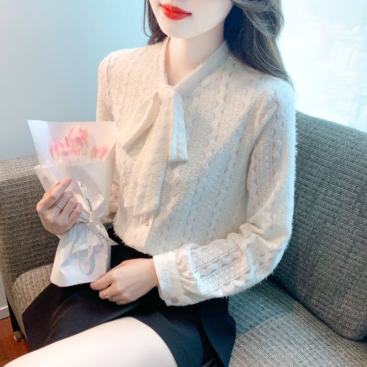 레이스 리본 쉬폰 셔츠 여성용 긴팔 블라우스 가을 데일리 우아한 스타일 부드러운 착용감 레이어드용 캐주얼한 디자인 - 상세 이미지 4