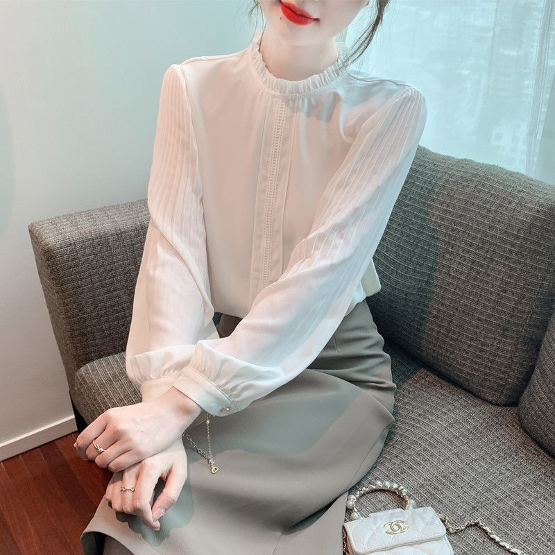 여성 쉬폰 블라우스 긴팔 가을 코디 루즈핏 반목 스타일 데일리 소프트한 착용감 고급스러운 디자인 하객룩 추천 - 상품 이미지