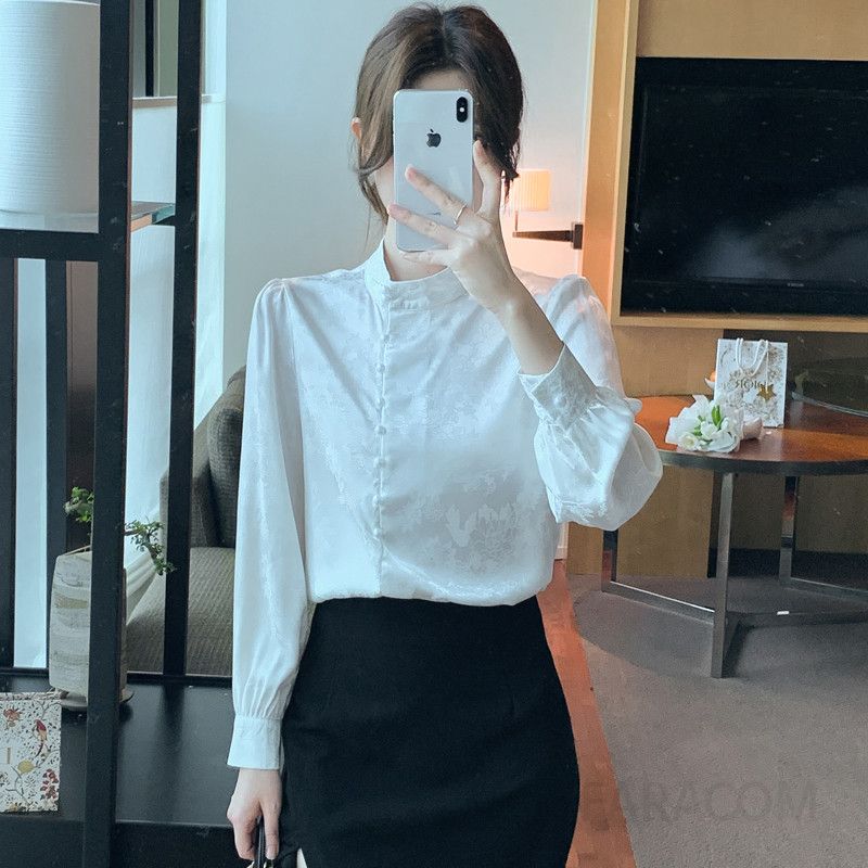 여성 가을 레트로 스탠드 칼라 긴팔 블라우스 루즈핏 캐주얼 스타일 통근용 데일리 셔츠 고급스러운 디자인 편안한 착용감 - 상세 이미지 4