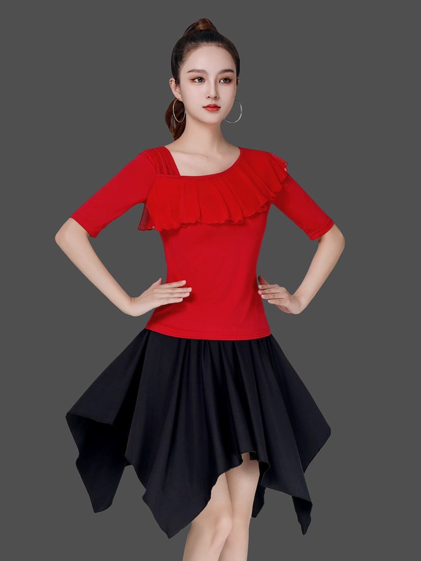 여성 스포츠 댄스상의 방송 모던 라인 라틴 댄스복 줌바 블랙 로터스 칼라 탑 S - 상세 이미지 5