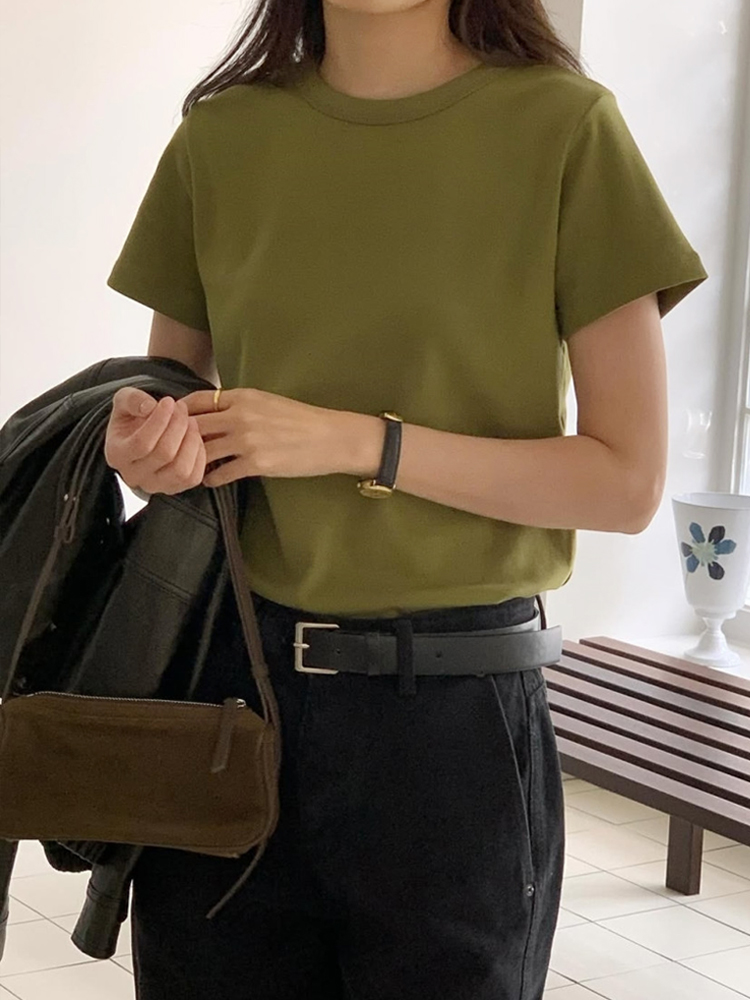 가을 쫀쫀 면 스판 슬랜더 여성 티셔츠 라운드 레이어드 이너 티셔츠 기본 여자흰티 반팔티 - 상세 이미지 3